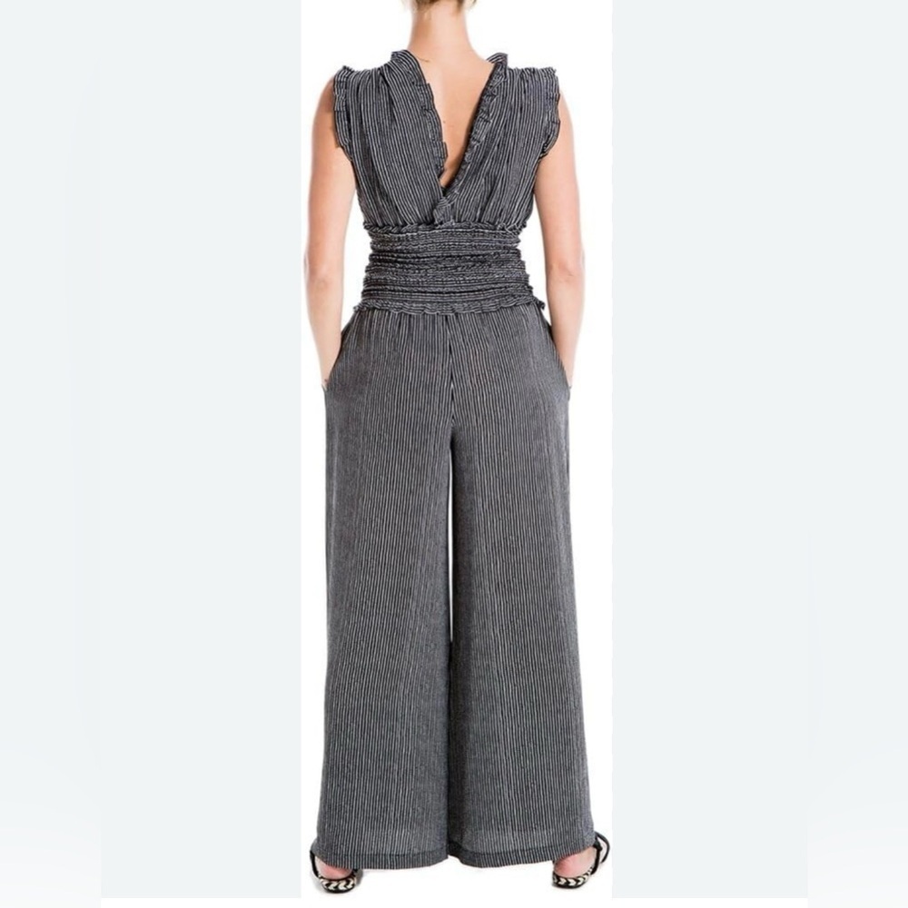 Max Studio | Ruffled Deep V-neck Wide Smocked Elastic Waist Wide Leg Jumpsuit M - Picture 9 of 9